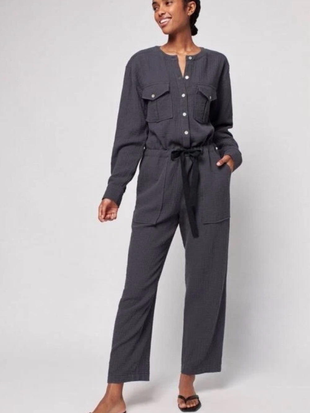 Faherty Dream Organic Cotton Gauze Jumpsuit Women's Small Gray Coveralls EUC‎